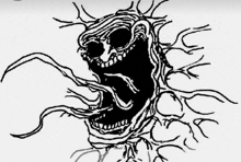 a black and white drawing of a monster with a very large mouth and branches coming out of it 's mouth .