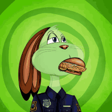 a cartoon of a rabbit wearing a police uniform eating a sandwich