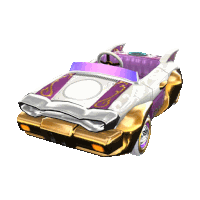 a white and gold car with a purple top and a steering wheel