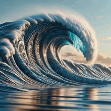 a very large wave in the ocean with a blue sky in the background