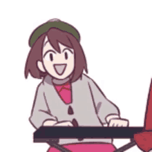 a cartoon of a girl sitting at a table with a keyboard .