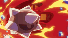 a cartoon character is flying through a red and yellow background