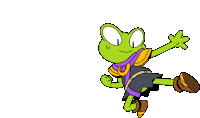 a cartoon of a green frog wearing a purple scarf and boots