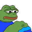 a green frog is wearing a blue shirt and a blue striped shirt .