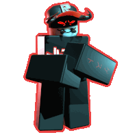 a roblox character with a red r on his hat is holding a box that says thy