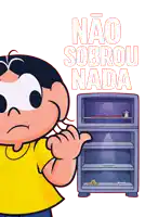 a cartoon character is standing next to an empty refrigerator with the words " nao sobreu nada " written above him