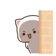 a cartoon cat is peeking behind a brick wall holding a donut .