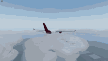 a red and white airplane is flying over a cloudy area