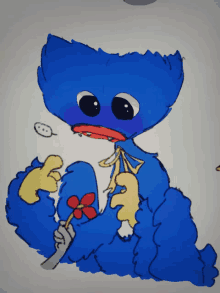 a drawing of a blue monster with a flower in its hand