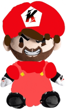 a stuffed mario with a beard and a red hat with the letter k on it