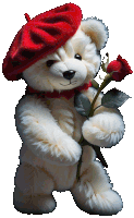 a teddy bear wearing a red beret is holding a red rose