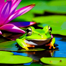 a green frog sits on a lily pad in a pond