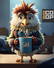 a cartoon bird is holding a blue mug with the letter gm on it