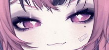 a close up of a girl with pink hair and purple eyes making a face .