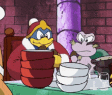 a cartoon character is sitting at a table with stacks of bowls .