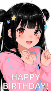 a happy birthday card with a girl with black hair