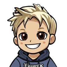 a cartoon of a boy wearing a hoodie that says blizzard