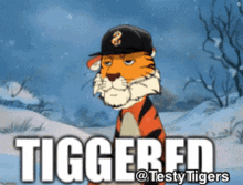 a cartoon of a tiger wearing a baseball cap with the words tiggered written below it