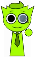 a green cartoon character with a hat and tie has a magnifying glass on his eye