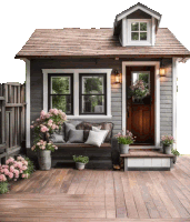 a small house with a wooden deck and a bench