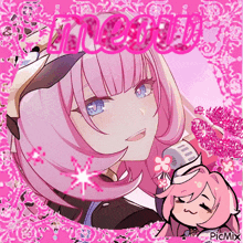 a girl with pink hair and blue eyes is surrounded by pink flowers and a pink background that says ' picmix ' on it