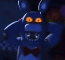 bonnie the bunny from five nights at freddy 's with orange eyes and a bow tie is standing in the dark .