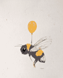 a drawing of a bee holding a balloon with the letters k and a on the bottom