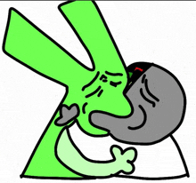 a cartoon drawing of a person kissing a green object .