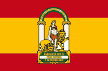 a spanish flag with a woman and two lions and the words " andalucia por si para espana y la humanidad "