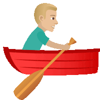 a man in a red boat with a wooden paddle