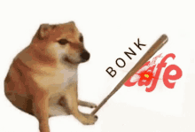 a dog is holding a bat in front of a cafe logo