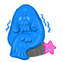 a blue monster is sitting on a rock with a pink star next to it