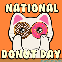 a cartoon cat is holding two donuts in front of its eyes for national donut day