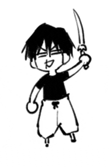 a black and white drawing of a boy holding a knife .