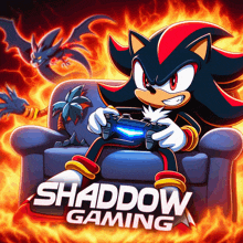 shadow the hedgehog sitting on a couch holding a video game controller