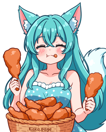 a cartoon of a girl eating fried chicken with the name kiska page on the bottom right