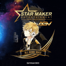 a poster for star maker entertainment shows a boy with headphones