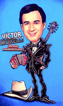 a caricature of victor morelli with an accordion and a guitar