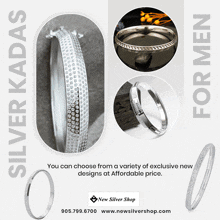 an advertisement for silver kadas for men shows a variety of designs