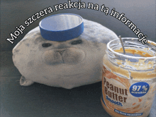 seal stuffed animal next to a jar of smooth peanut butter