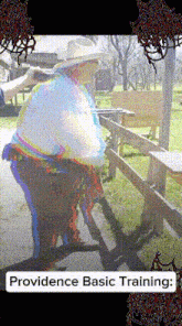 a woman in a cowboy hat is standing next to a wooden fence with the words providence basic training written on the bottom