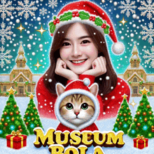 a woman in a santa hat is holding a cat in front of christmas trees and the words museum bola