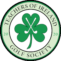 the logo for teachers of ireland golf society has a clover and two golf clubs