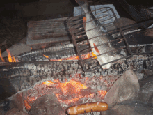 a fish is being cooked over a fire with a sausage