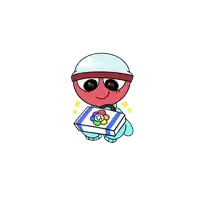 a cartoon character is holding a box that has a flower on it