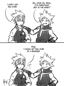 a black and white drawing of two anime characters talking to each other