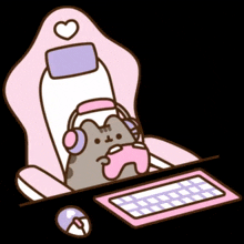 a cat is sitting in a pink chair playing a video game with headphones on .