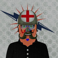 an illustration of a man with a helmet with a red cross on it