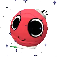 a red ball with big eyes and a santa hat