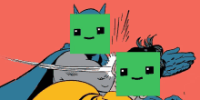 a cartoon of batman and robin with green square faces on their faces